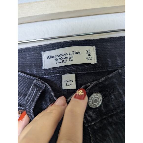 Abercrombie Faux Leather Denim Black Curve Love 90s Straight Jeans Women 25 - Picture 8 of 14